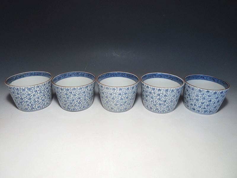 古伊万里　染付　花唐草文　特大そば猪口　５客組【享保～宝暦】