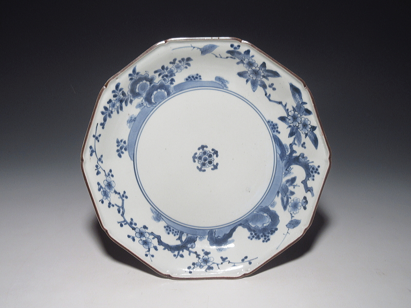 古伊万里　藍柿右衛門　梅桜花文　面取六寸皿【元禄】