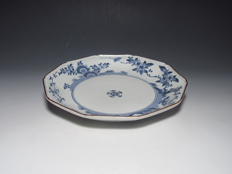 古伊万里　藍柿右衛門　梅桜花文　面取六寸皿【元禄】