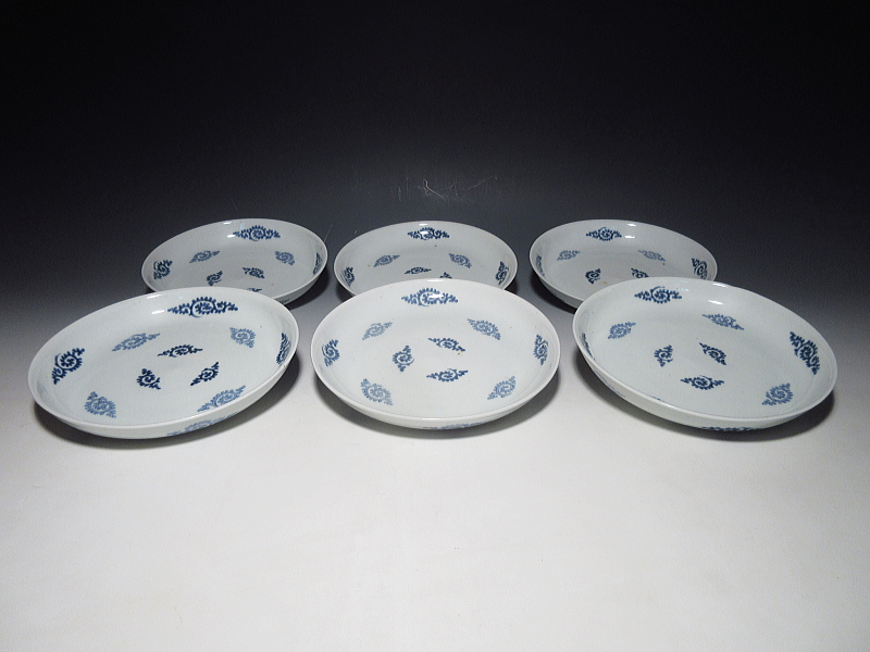 古伊万里　染付　飛び蛸唐草文　六寸皿　６枚組【宝暦】