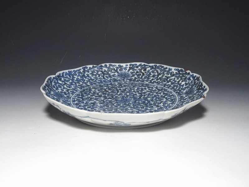 古伊万里　染付　全面蛸唐草文　六寸皿【元禄～享保】