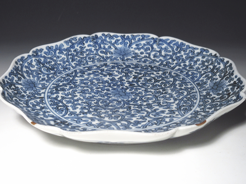 古伊万里　染付　全面蛸唐草文　六寸皿【元禄～享保】