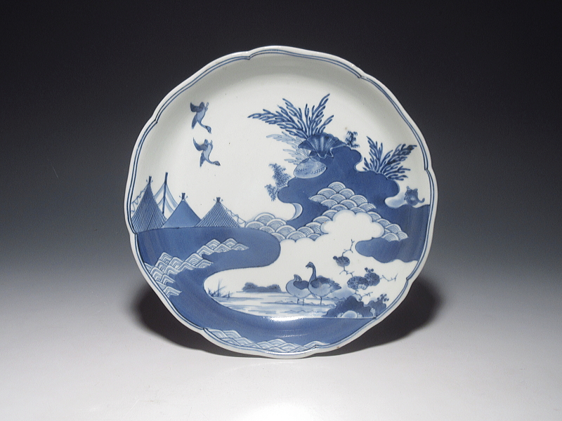 古伊万里　藍柿右衛門　海辺風景文　七寸皿【元禄】