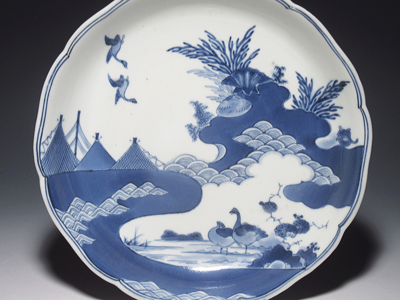 古伊万里　藍柿右衛門　海辺風景文　七寸皿【元禄】