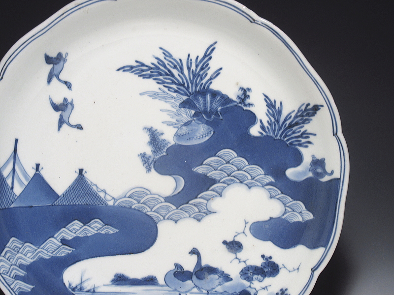 古伊万里　藍柿右衛門　海辺風景文　七寸皿【元禄】