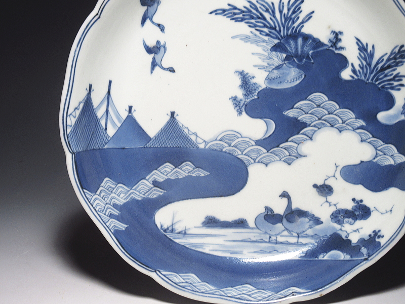 古伊万里　藍柿右衛門　海辺風景文　七寸皿【元禄】