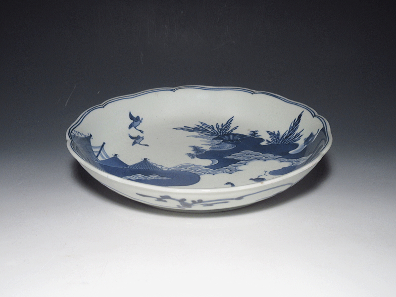 古伊万里　藍柿右衛門　海辺風景文　七寸皿【元禄】