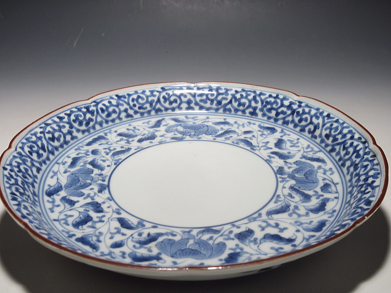 古伊万里　元禄染付　花・蛸唐草文　七寸皿【元禄】