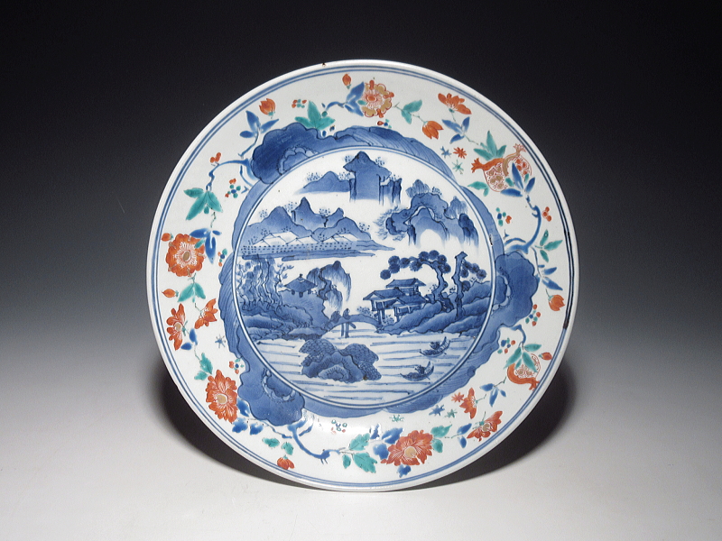 古伊万里　柿右衛門　山水草花文　七寸強皿【延宝】