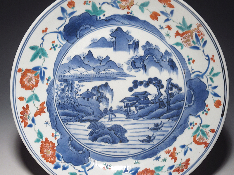 古伊万里　柿右衛門　山水草花文　七寸強皿【延宝】