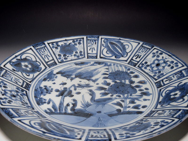 古伊万里　藍九谷　花鳥文　芙蓉手　大皿【寛文～延宝】