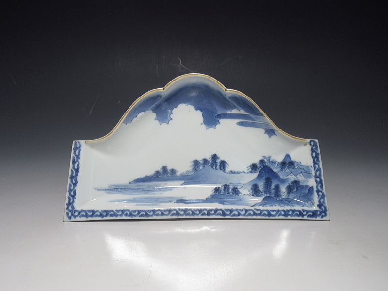 古伊万里　藍柿右衛門　山水文　富士山形変形皿【延宝】