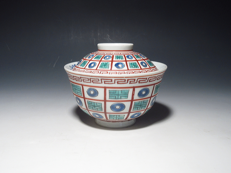 古伊万里　色絵　市松オランダ文様　蓋茶碗【明和～寛政】