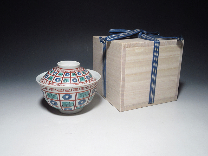 古伊万里 色絵 市松オランダ文様 蓋茶碗【明和~寛政】