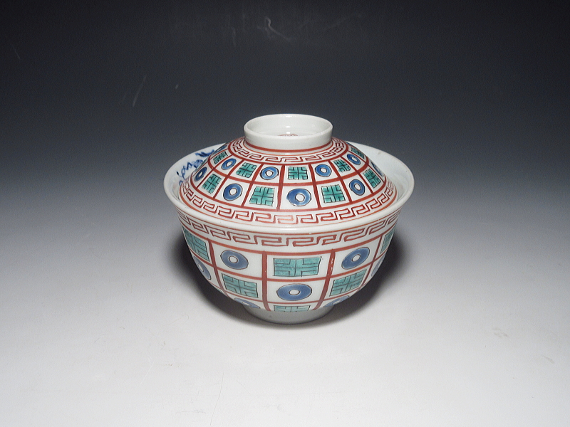 古伊万里 色絵 市松オランダ文様 蓋茶碗【明和~寛政】