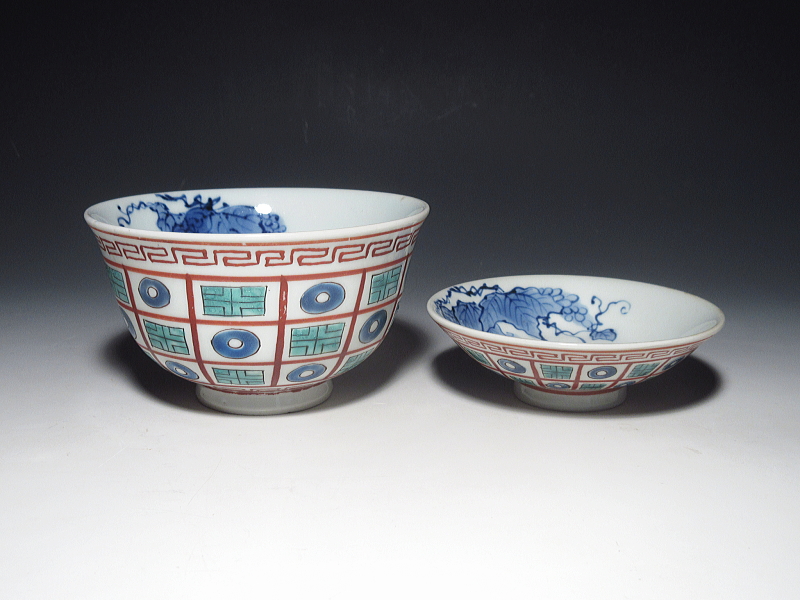 古伊万里 色絵 市松オランダ文様 蓋茶碗【明和~寛政】