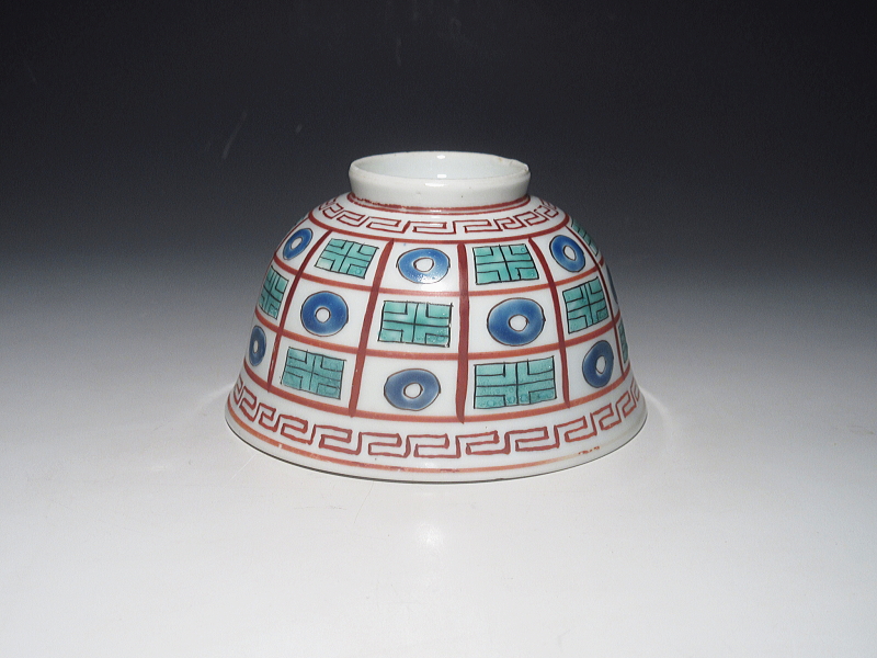 古伊万里 色絵 市松オランダ文様 蓋茶碗【明和~寛政】