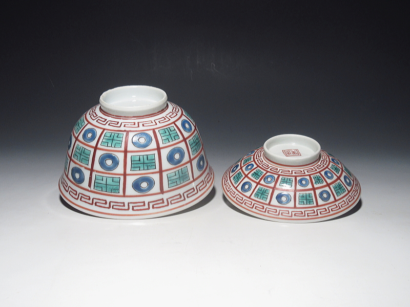 古伊万里 色絵 市松オランダ文様 蓋茶碗【明和~寛政】