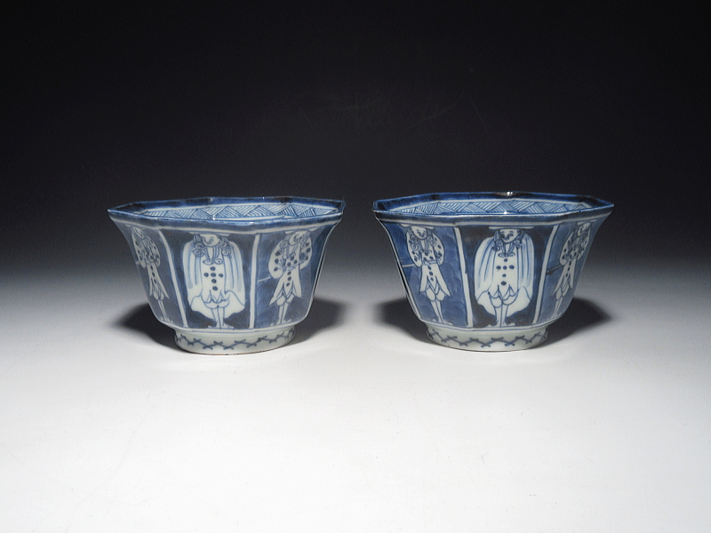 古伊万里　染付　南蛮人　面取向付【寛政】その２