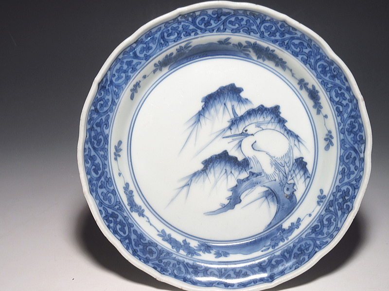 古伊万里　藍柿右衛門　鷺蛸唐草文　深皿【元禄】