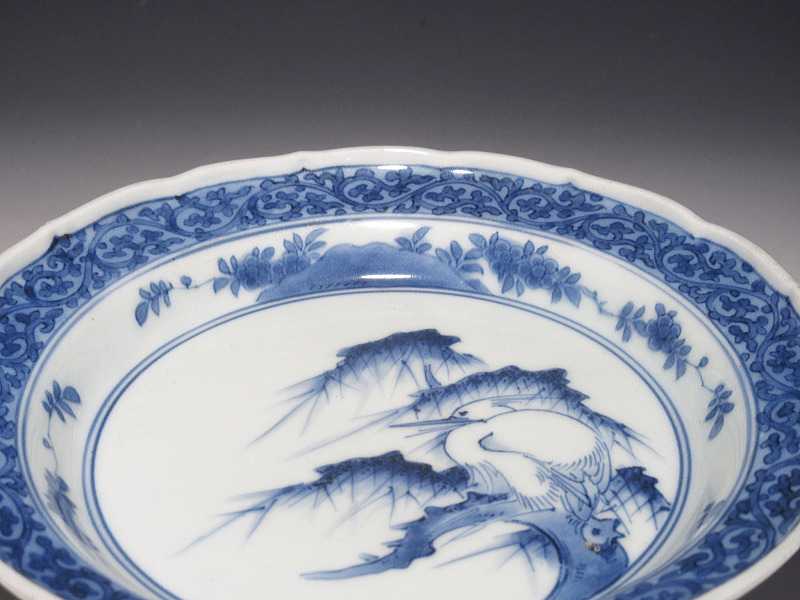 古伊万里　藍柿右衛門　鷺蛸唐草文　深皿【元禄】