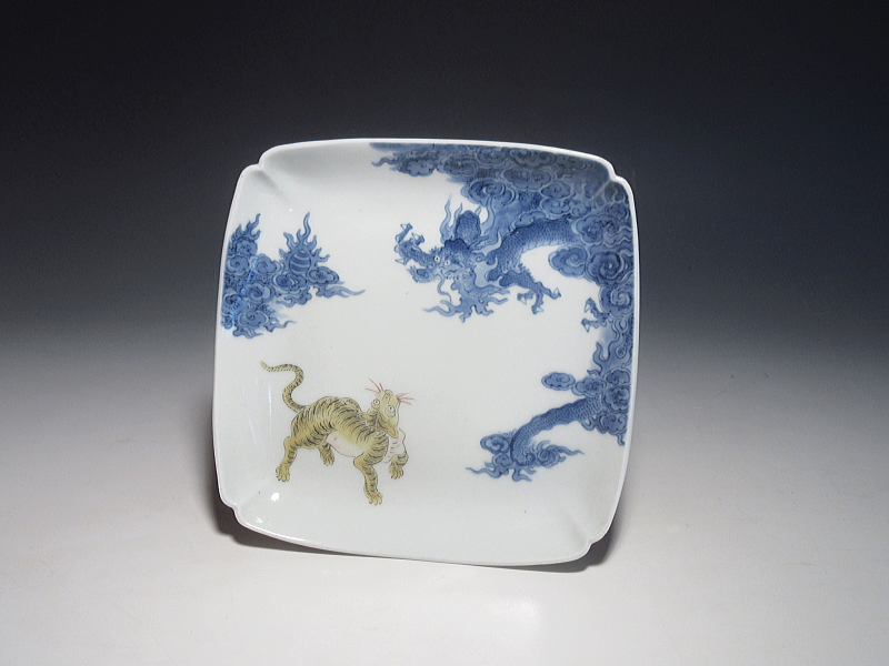 古伊万里　柿右衛門　龍虎文　角皿【延宝】