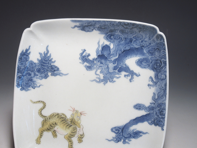 古伊万里　柿右衛門　龍虎文　角皿【延宝】