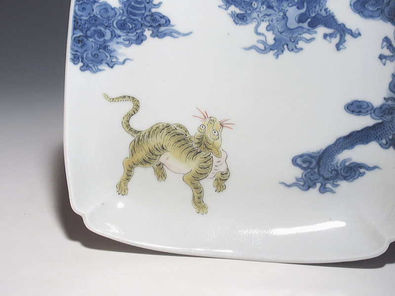 古伊万里　柿右衛門　龍虎文　角皿【延宝】