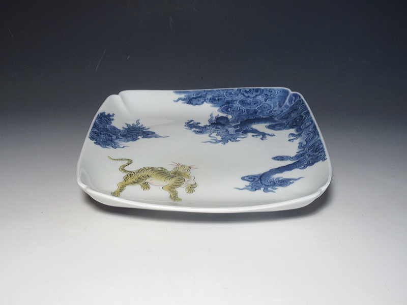 古伊万里　柿右衛門　龍虎文　角皿【延宝】