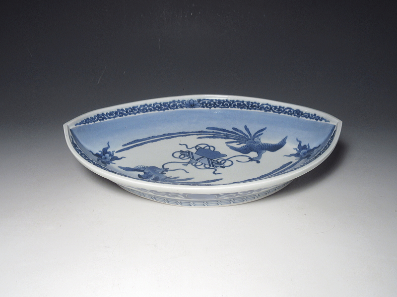 古伊万里　藍柿右衛門　宝尽くし鳳凰文　木瓜形皿【延宝】