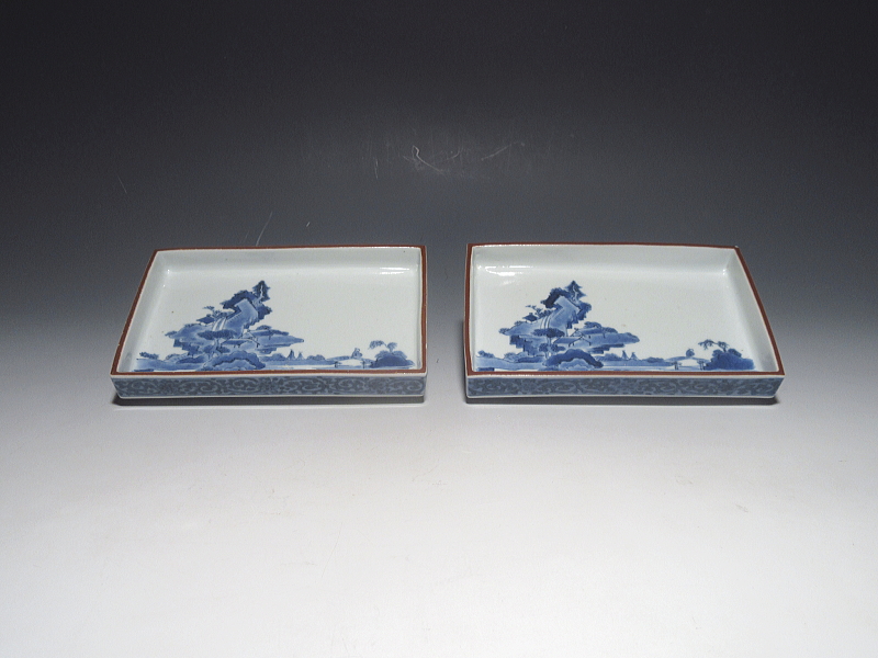 古伊万里　藍柿右衛門　山水蛸唐草文　角皿　５客組【延宝】