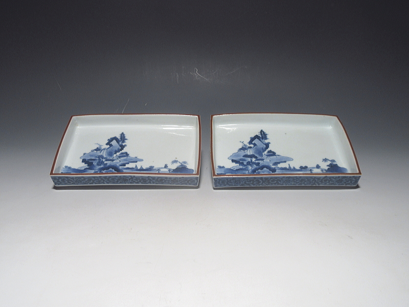 古伊万里　藍柿右衛門　山水蛸唐草文　角皿　５客組【延宝】