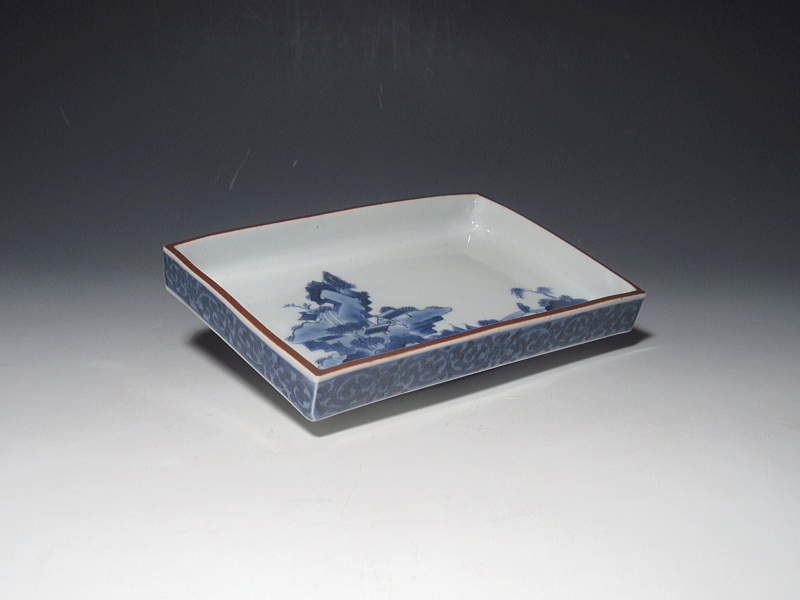 古伊万里　藍柿右衛門　山水蛸唐草文　角皿　５客組【延宝】