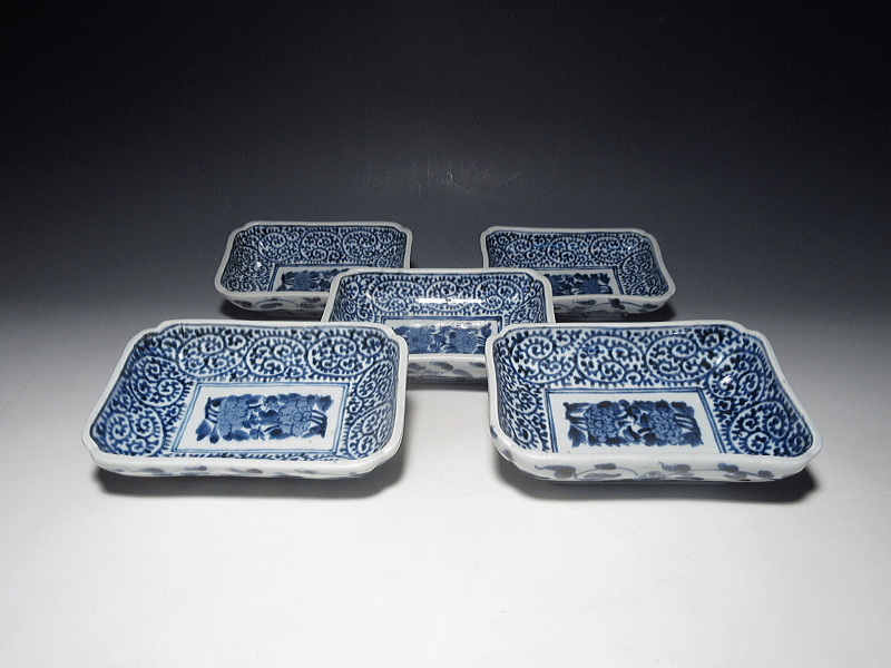 古伊万里　染付　蛸唐草文　小さな長皿　５枚組【宝暦】