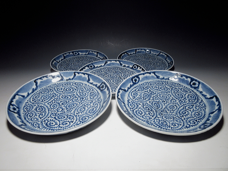 古伊万里　染付　全面蛸唐草文　七寸皿　５枚組【宝暦】