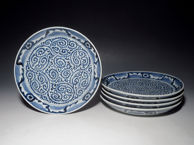 古伊万里　染付　全面蛸唐草文　七寸皿　５枚組【宝暦】