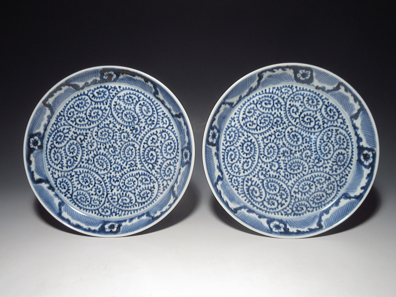 古伊万里　染付　全面蛸唐草文　七寸皿　５枚組【宝暦】