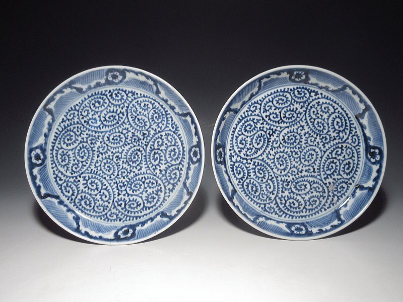 古伊万里　染付　全面蛸唐草文　七寸皿　５枚組【宝暦】