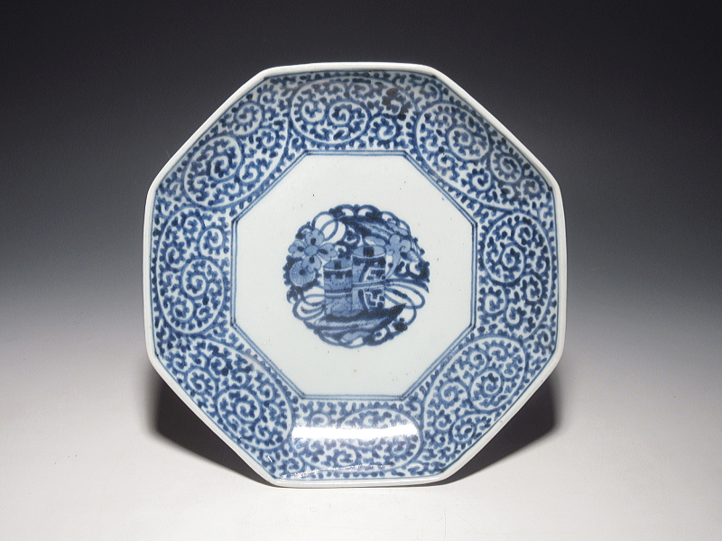 古伊万里　染付　蛸唐草文　面取り六寸強皿　５枚組【宝暦】