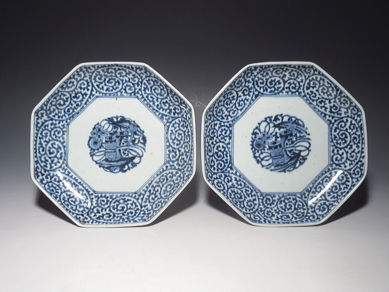 古伊万里　染付　蛸唐草文　面取り六寸強皿　５枚組【宝暦】