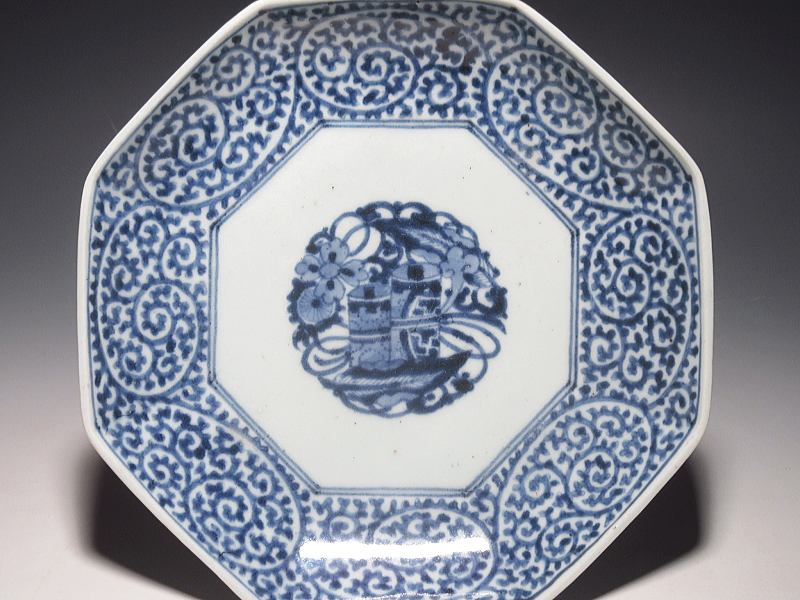 古伊万里　染付　蛸唐草文　面取り六寸強皿　５枚組【宝暦】