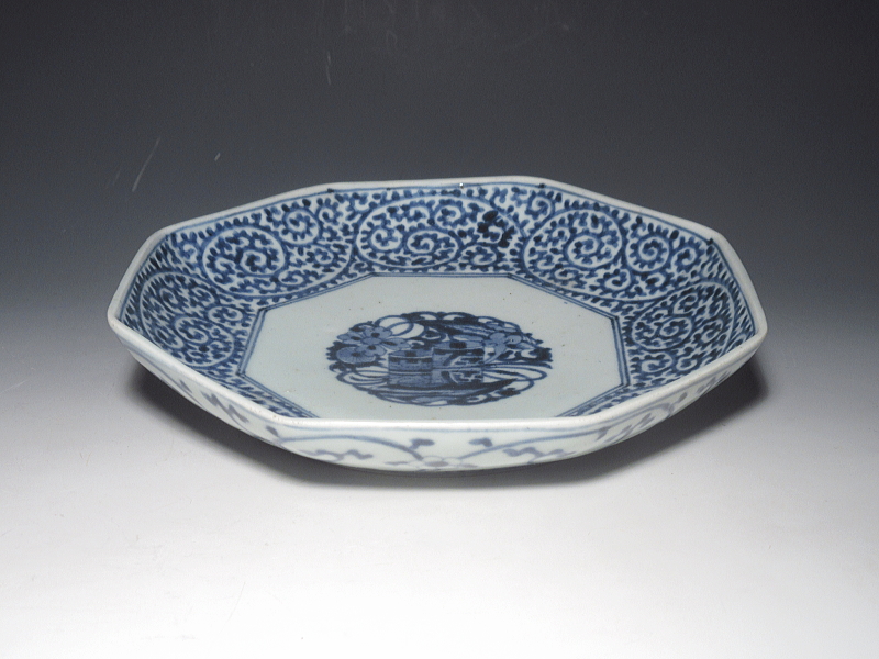 古伊万里　染付　蛸唐草文　面取り六寸強皿　５枚組【宝暦】
