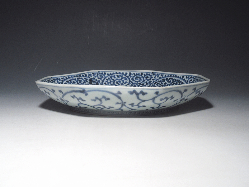 古伊万里　染付　蛸唐草文　面取り六寸強皿　５枚組【宝暦】