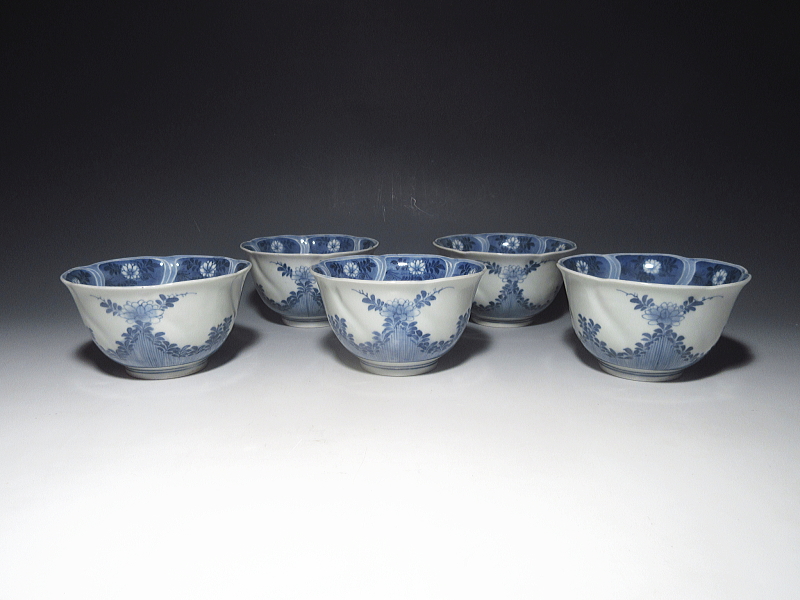 古伊万里　藍柿右衛門　瑠璃捻り文　向付　５客組【延宝～元禄】