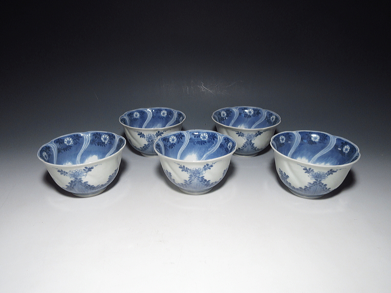 古伊万里 藍柿右衛門 瑠璃捻り文 向付 5客組【延宝~元禄】