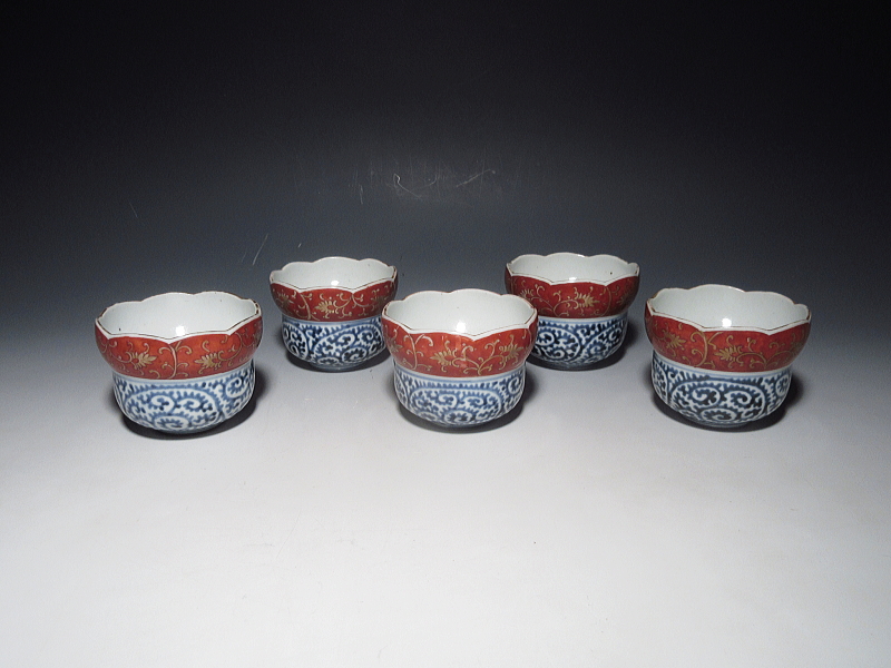 古伊万里　赤絵　蛸唐草文　向付　５客組【宝暦】