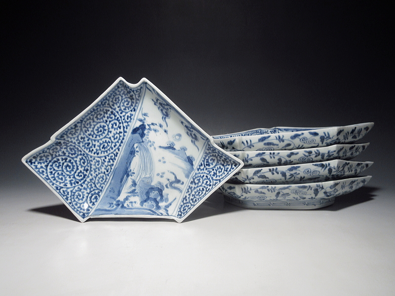 古伊万里 染付 鯉の滝登りと蛸唐草文 結形変形皿 5枚組【享保~宝暦】