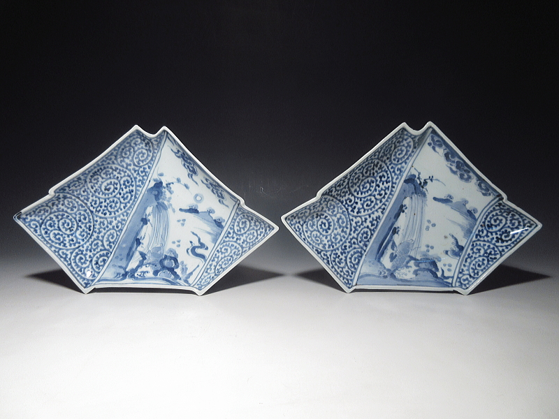 古伊万里 染付 鯉の滝登りと蛸唐草文 結形変形皿 5枚組【享保~宝暦】